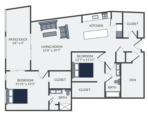 the floor plan of a bedroom apartment with a living room and a kitchen